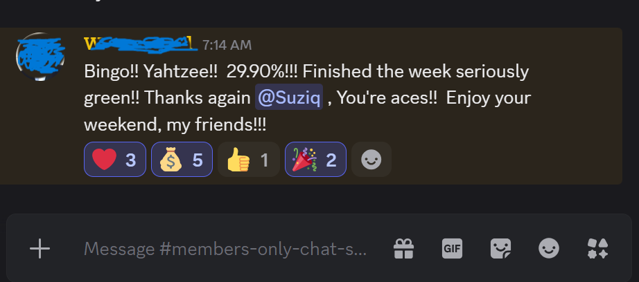 Cropped Discord testimonial screenshot with member name blurred